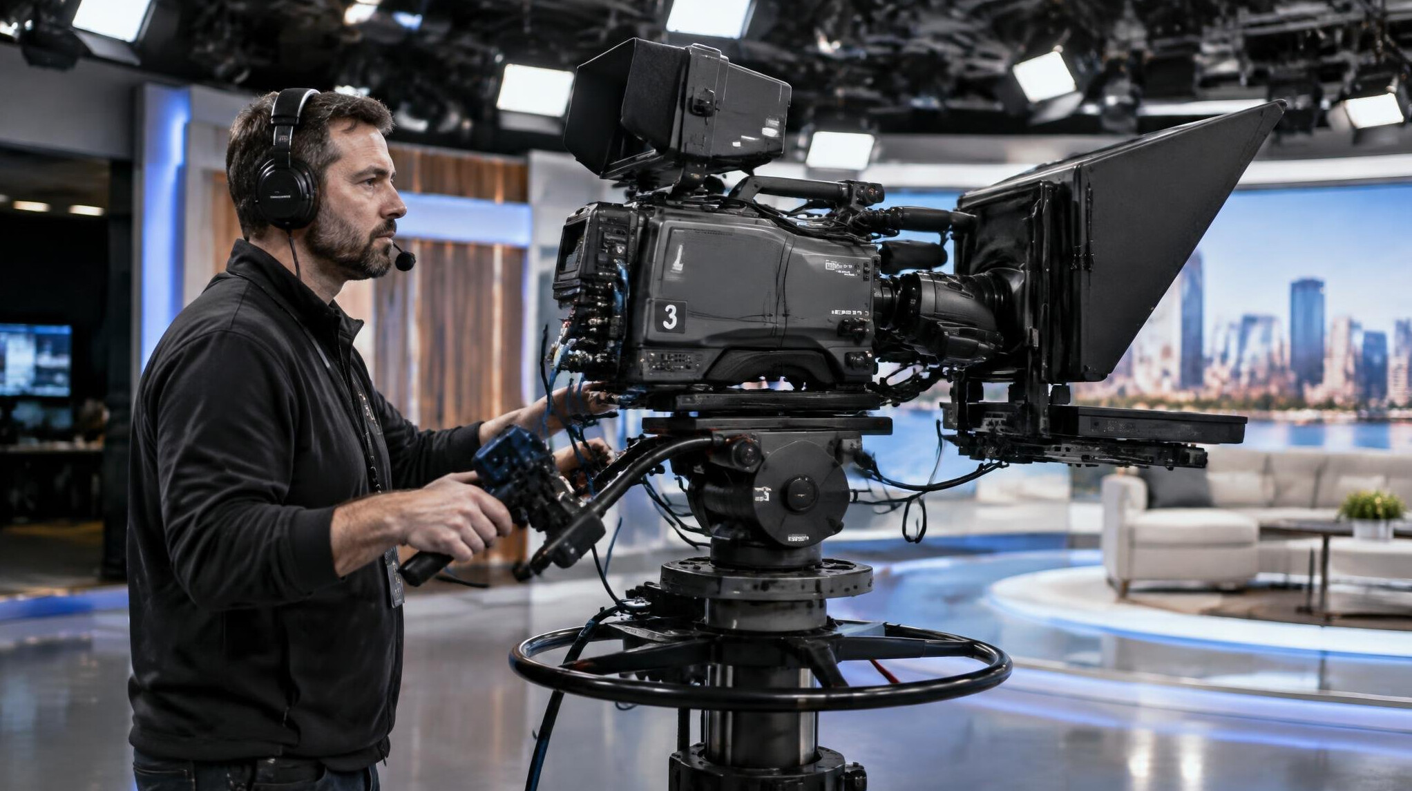 Camera operator adjusting a broadcast camera on a studio set