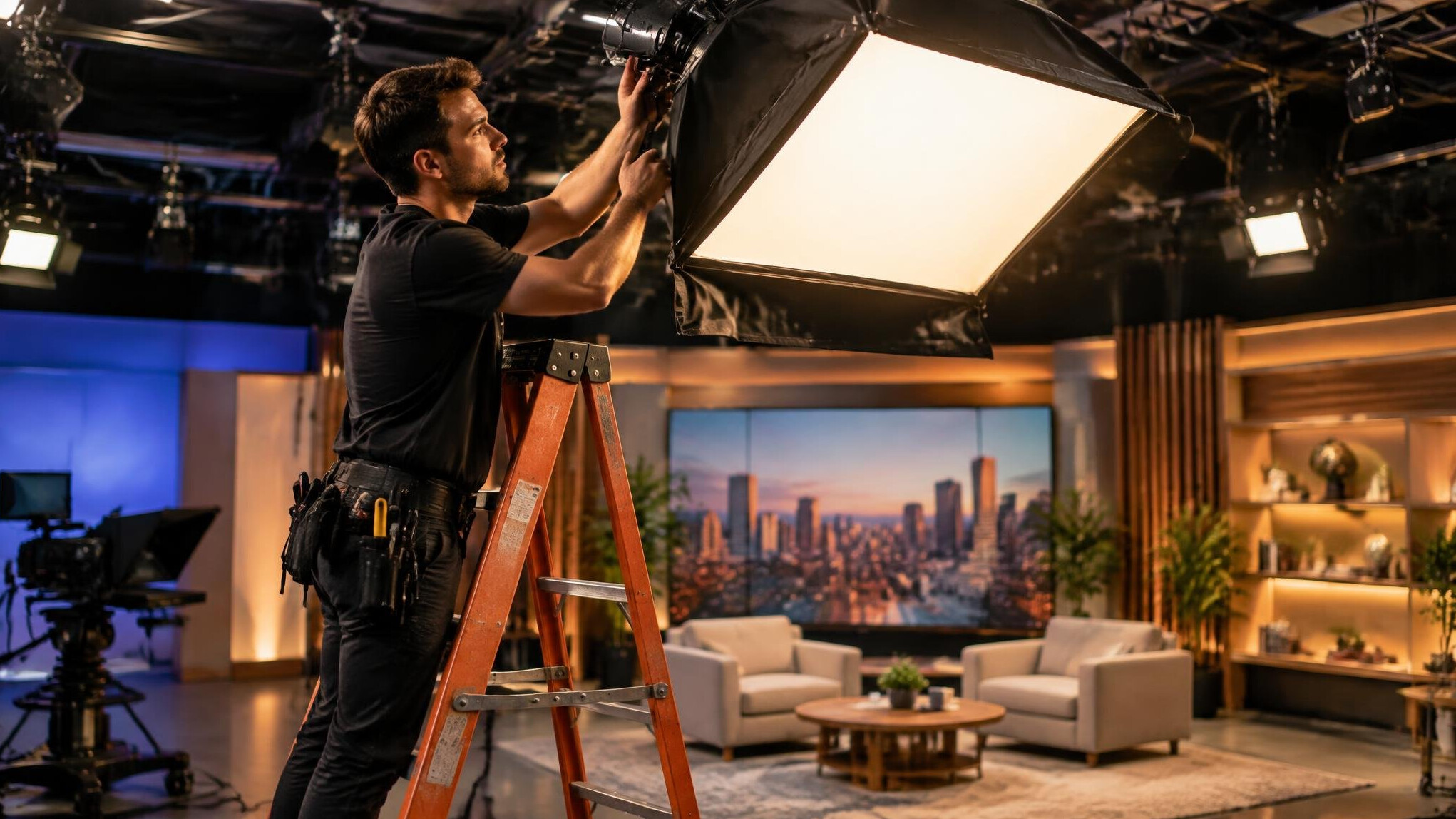 Lighting technician adjusting a softbox light above a studio set
