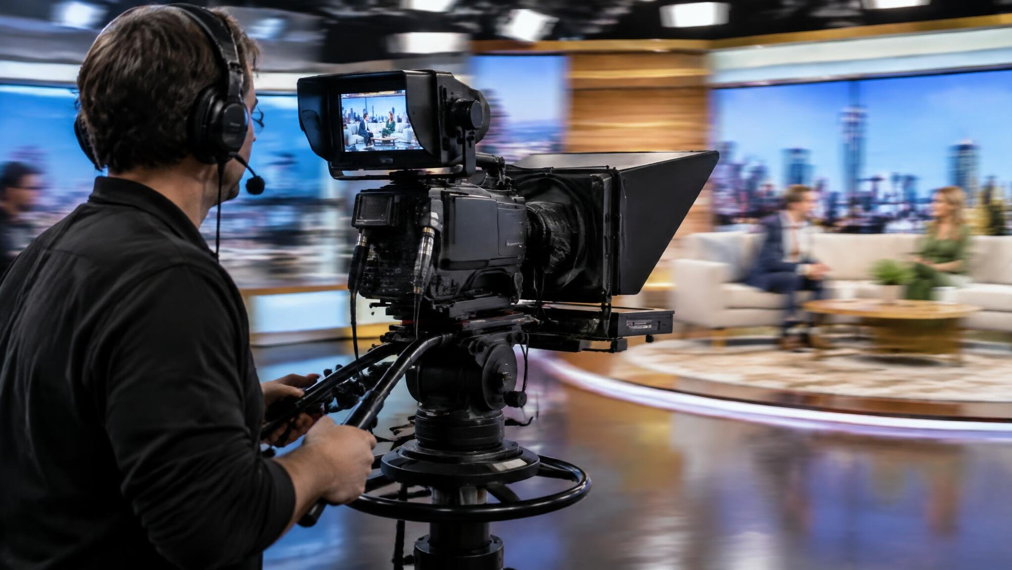 Camera operator panning a shot during a live recording