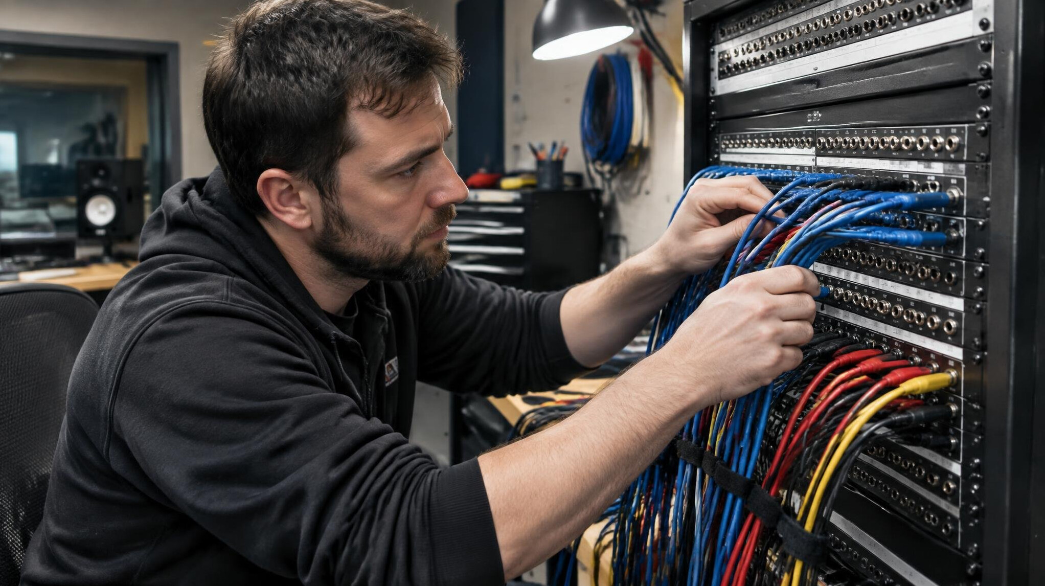 Technician checking studio cabling and patch bay connections