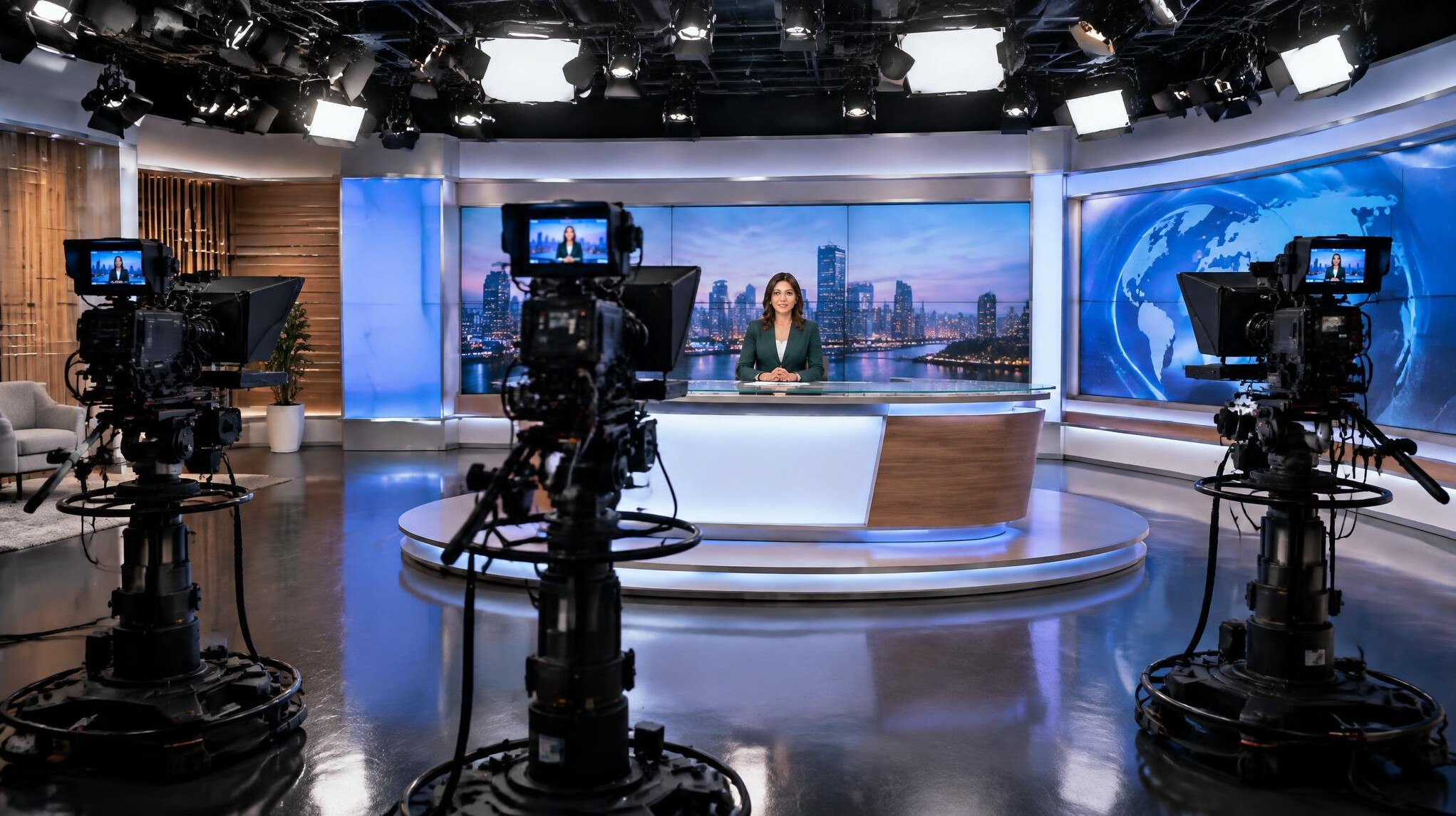 Multi-camera television studio setup with presenter desk