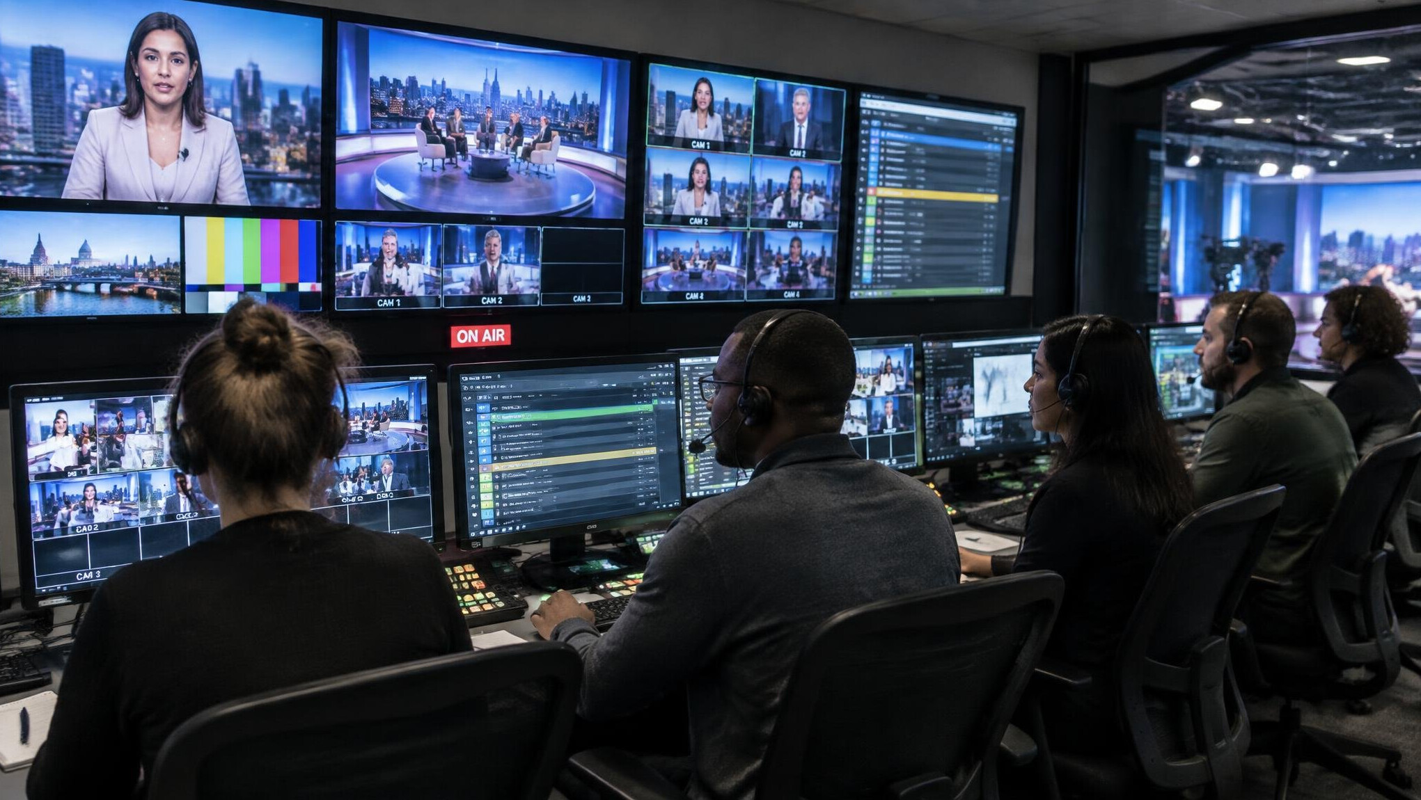 Live news broadcast control room with multiple monitors