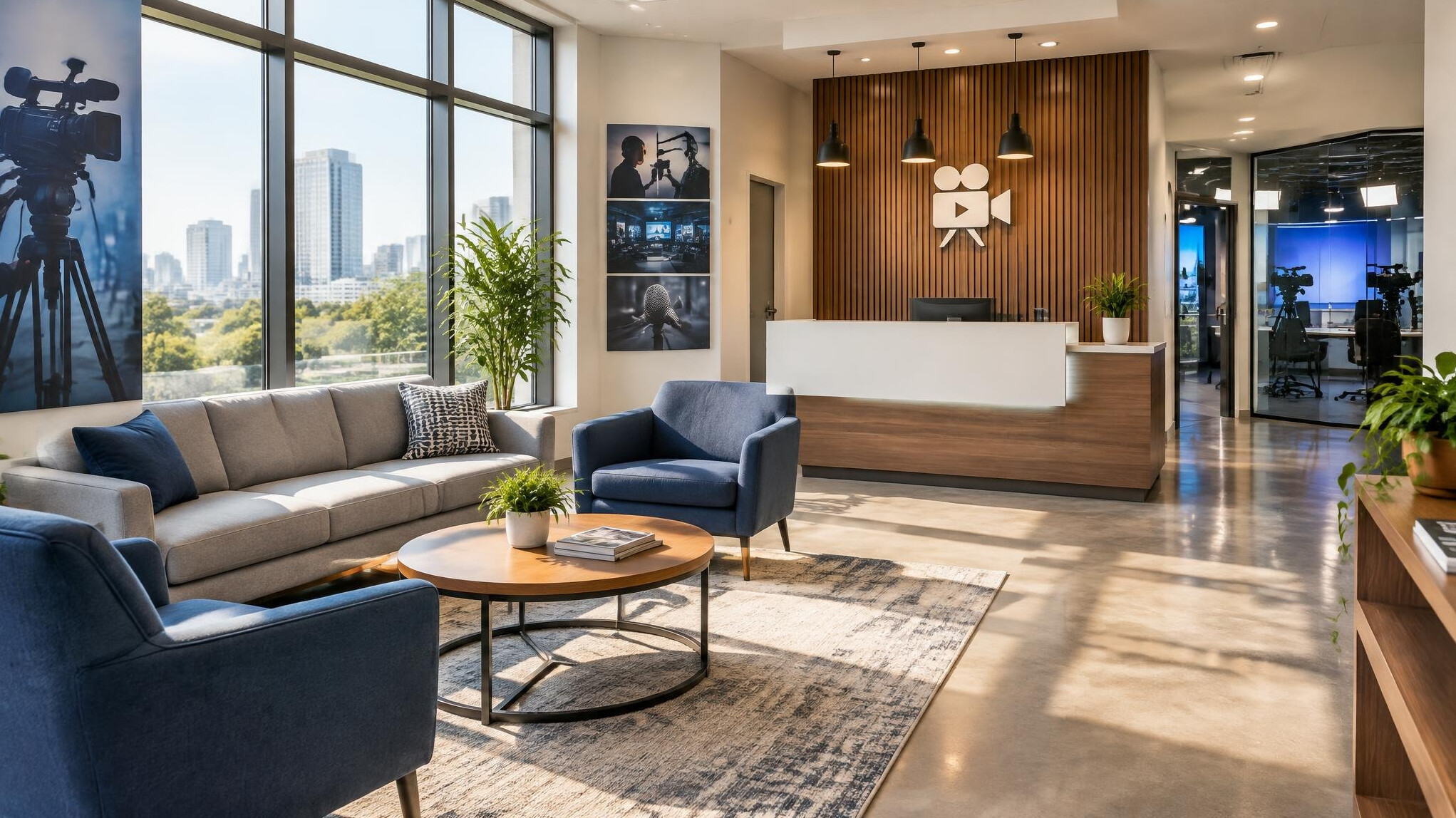 Bright reception area of a broadcast training facility