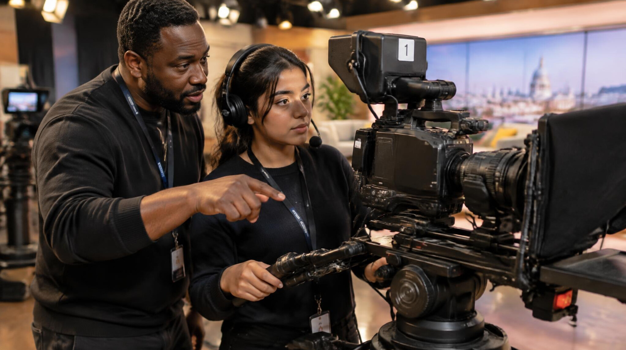 Instructor guiding a trainee at a broadcast camera