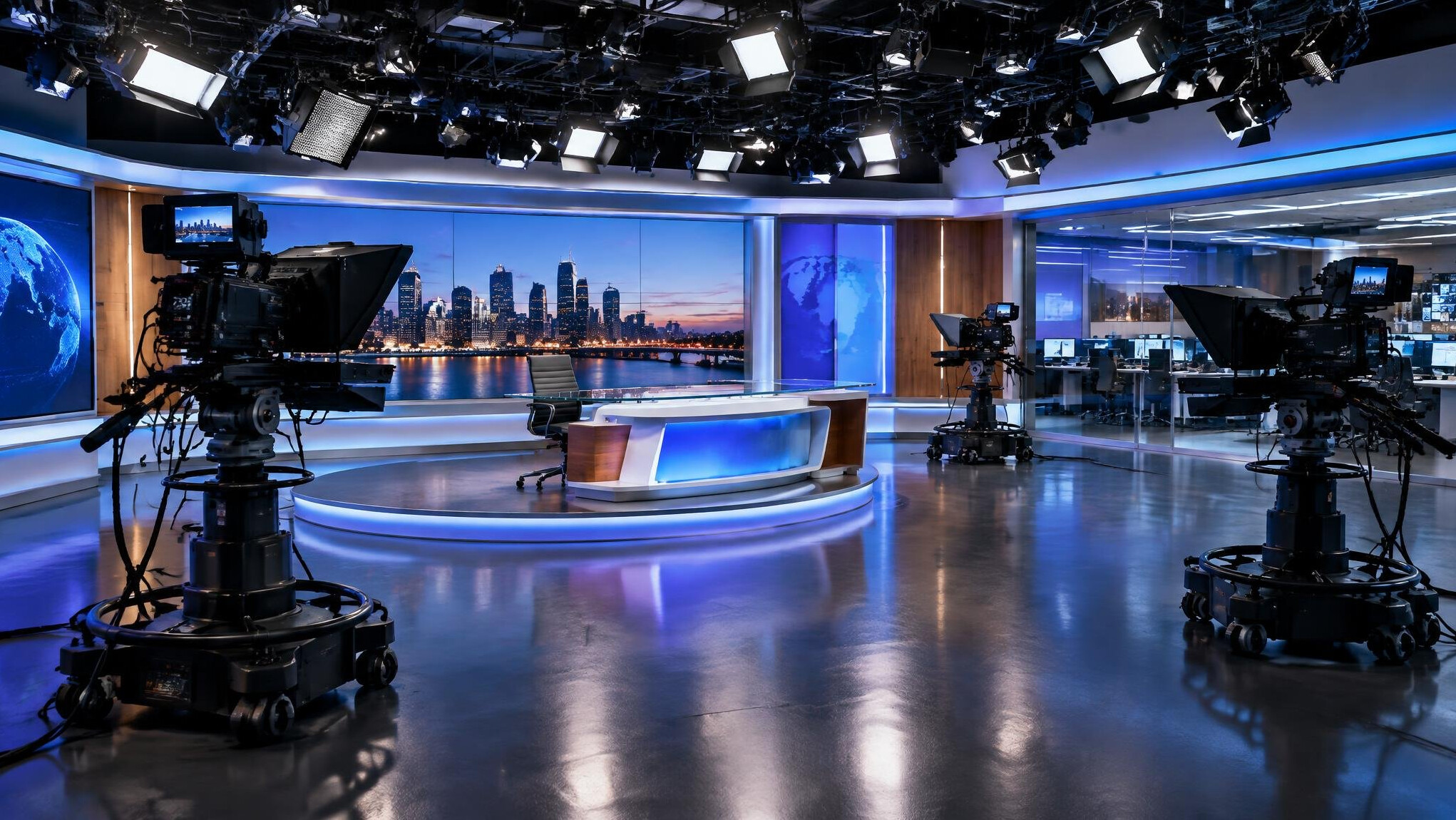 Wide view of an empty television studio floor with cameras
