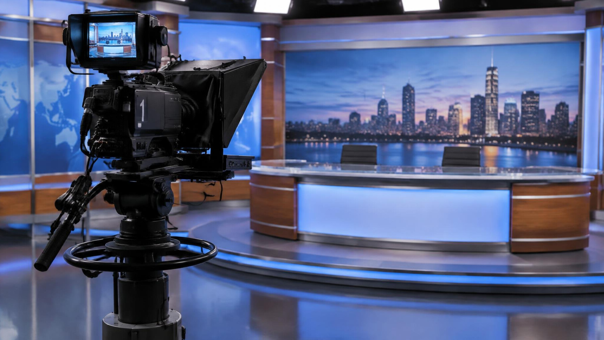 Broadcast television camera on a pedestal in a studio