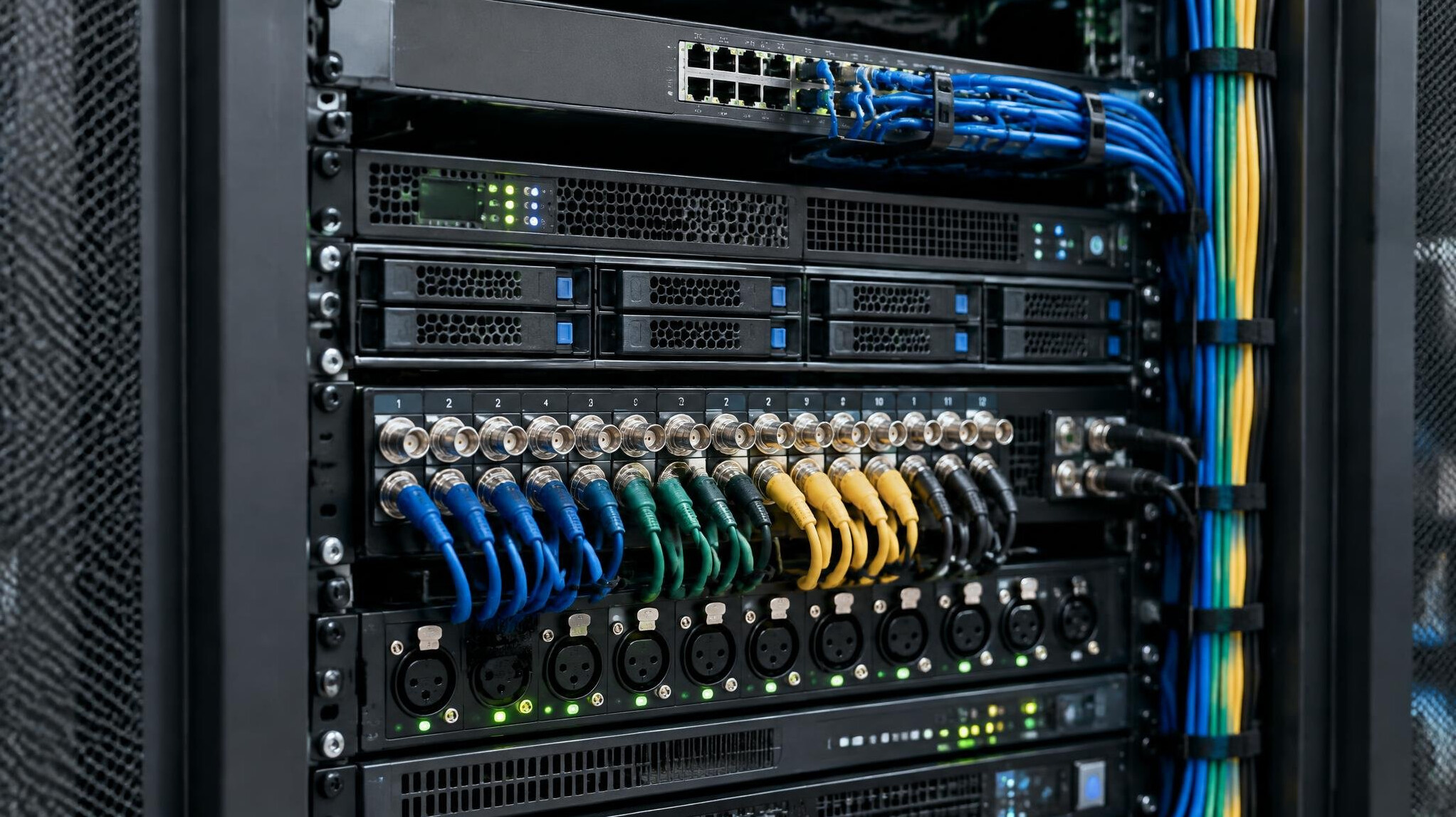 Broadcast equipment rack with cabling and patch panels