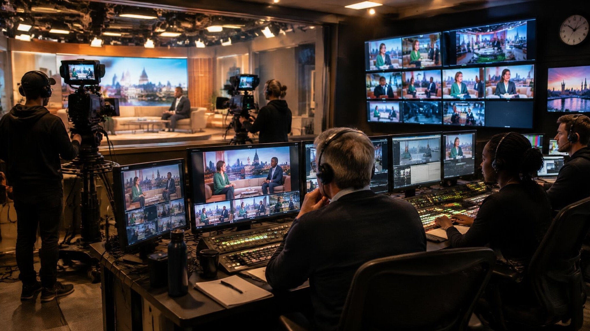 Television studio control room with camera operators and monitors